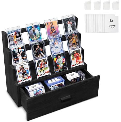 Emfogoo Trading Card Display, 3-Tier Wooden Trading Card Storage with Custom Drawer, Graded Card Storage with Card Supporters and Dividers, Sports Card Display Case for Card Game Collection (Black)