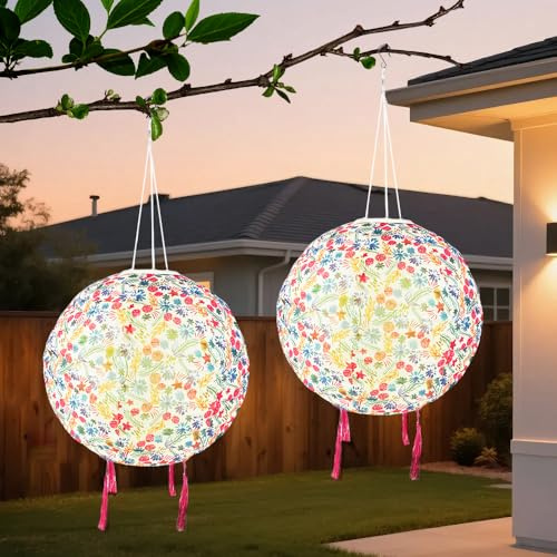 Lotvic 2 Stück Solar Lampions Außen Wetterfest, Lampions Solar Außen Wetterfest, 30cm Hängend Lantern mit 4 Quaste für Garten, Balkon, Terrasse, Hof, Hochzeit, Party, Fest Deko, 12 Zoll