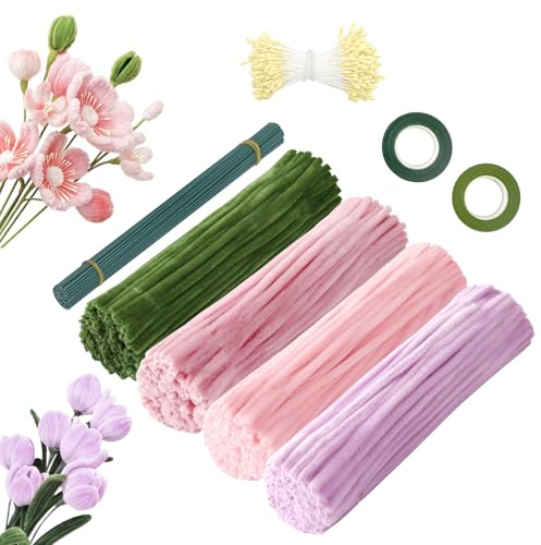 KUKKUME Pfeifenreiniger Blumen Set 400 Stück Pfeifenputzer zum Basteln Pipe Cleaner Flower Set Blumen Bouquet Twister mit Grün Basteldraht, Blütenmitte, Floristenkrepp für Blumenstrauß DIY