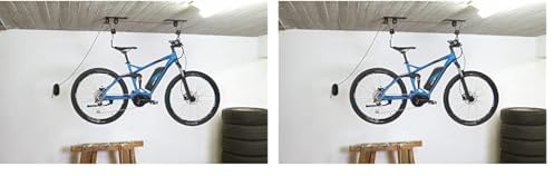 Fischer Fahrradlift Plus | Tragkraft bis 30 kg | Fahrradhalterung | Deckenhalterung für Fahrräder und E-Bikes | Bis zu 4 m Deckenhöhe | mechanisch | Deckenlift, Aluminium, Schwarz (Packung mit 2)