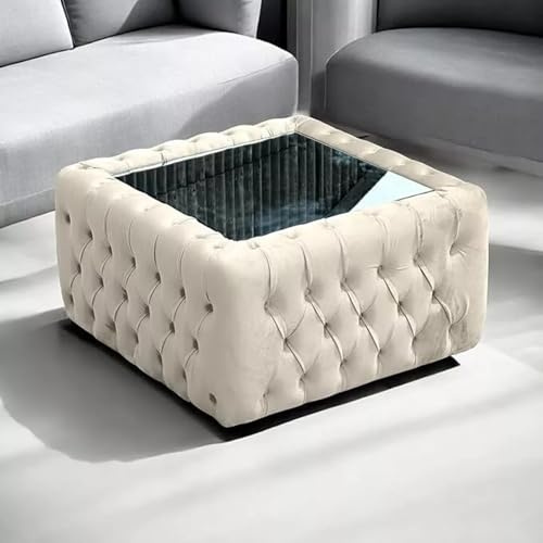 Urban Craft Luxurious Velvet Coffee Table with Glass Top Tufted Button Detailing, Spacious Design, and Handcrafted Quality for Elegant Living Spaces 2 SIzes (Plush Grey, 60cm x 60cm)