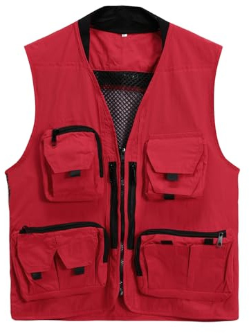 YOUTHUP Herr fiskeväst sommar utomhus verktyg arbete västar fotografi resa safari Gilet, Röd, XL