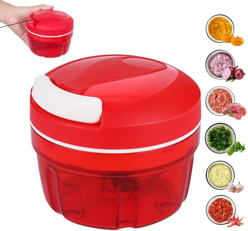 Picadora Manual de 300ML, Picadora de Vegetal Manual, Multipicadora de Cebolla, Multipicadora de Verduras, Cortador de Cebolla, para Chile, Ensalada, Carne, Ajo, Nueces, Frutas, Rojo