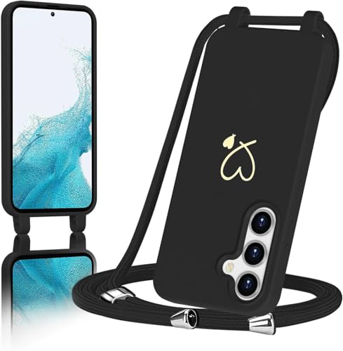 AoozeFon für Samsung Galaxy A54 5G Hülle mit Band, Handyhülle mit Kordel zum Herz, Schutzhülle Handyband mit Umhängen Abnehmbare Weich TPU Liquid Silikon Bumper, Schwarz