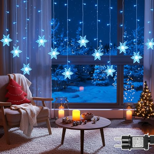 PLODAXE Lichtervorhang Schneeflocken 1.8m 94 LEDs Lichterkette Fenster Innen Weihnachten mit Timer 8 Modi Speicherfunktion, Lichterkettenvorhang Anschließbar IP44 für Außen Balkon Hochzeit (Blau)