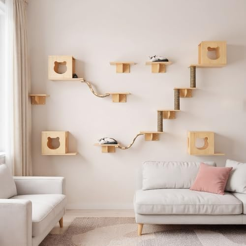 Zertylre Kletterwand Katzen, 17-teilig Katzen Kletterwand Set, Katzenwandmöbel, Katzenmöbel mit 4 Katzenhäusern, 8 Plattformen, 2 Katzenleiter, 3 Säule, bis 15 kg