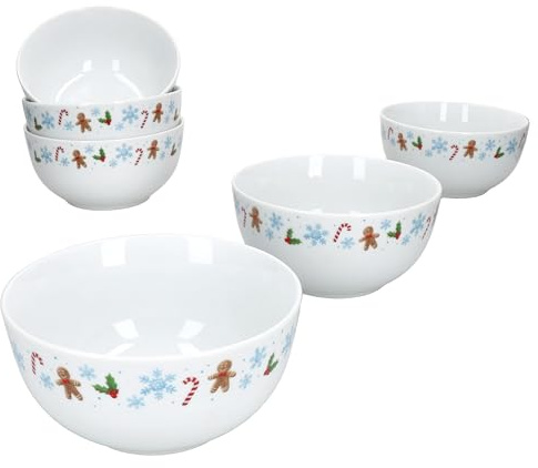 MamboCat Candyman 6er Set Müsli-Schale 14,2cm I 480ml I Porzellan-Schüssel mit Lebkuchenmann, Zuckerstangen & Schneeflocken | für Müsli, Dessert & Snacks