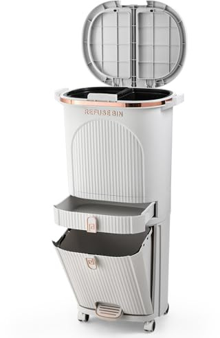 Warmiehomy Kitchen Bin 42L Recycling Bins for Kitchen 4 Compartment Pedal Bin with Double Inner Bucket 3 Tier Vertical Waste System with Wheels Dry and Wet Separation Trash Can with 2 Lids