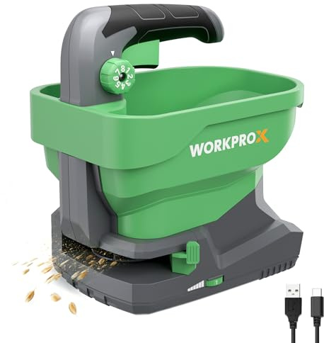 WORKPROX Sembradora Universal con batería Recargable 7,2 V, 8 Niveles de Flujo, 6 Velocidades y Ancho de Proyección Regulable, Esparcidor para Semillas de Césped, Fertilizantes y Sal Antihielo