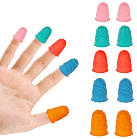 10 Pcs Rubber Finger Thimbles, Rubber Thimbles for Finger Protection Reusable Non-Slip Fingers Covers Fingers Protectors in 5 Sizes and Colors for Paper Handling Money Counting Sewing Crafting