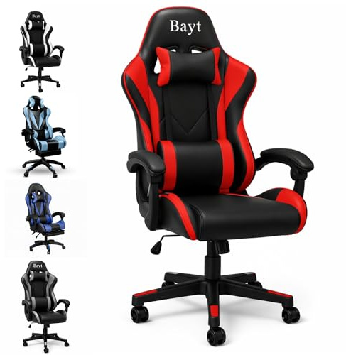 Bayt Silla Escritorio Ergonómica, Silla Gaming y Silla Oficina con Altura Ajustable, Sillón Gamer Reclinable con Reposabrazos Regulables, Cuero Sintético, Negro y Rojo