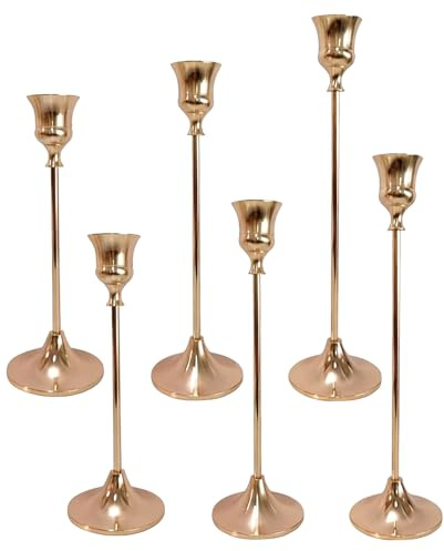 Benaewa 6 Pcs Gold Candle Holders, Vintage Modern Candle Sticks Holder for Party, Table Decoration