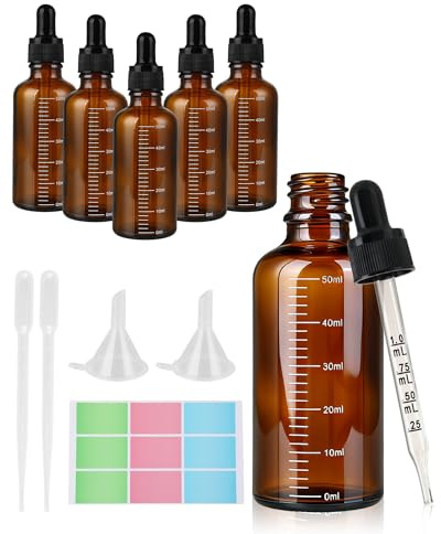 SZEBISOA 6 Stück Pipettenflasche 50ml – Tropfflasche aus Braunglas mit 2 Trichtern, 2 Pipette, 1 Etikettenbogen, ideal für ätherische Öle, Aromatherapie, Labor & Flüssigfarbstoffe