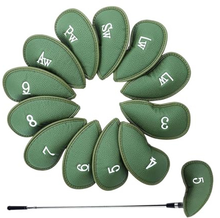 Golfhuvudskydd – 16,5 x 9,5 cm lätt PU-läderset, klubbskyddshylsor, 12 delar | Fairway träskydd för golfdrivrutiner för högerhänt järn och hybrid, ada