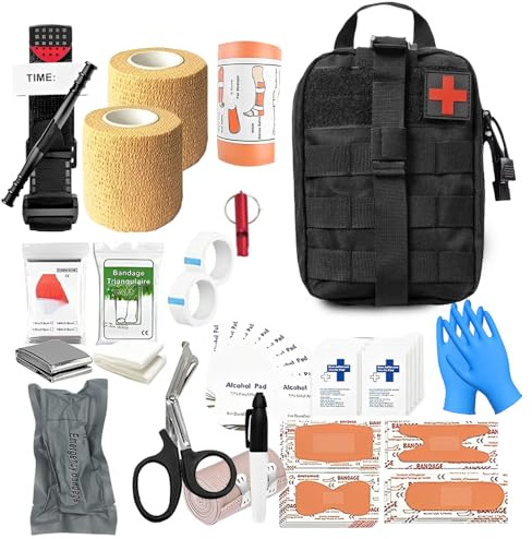 Första hjälpen-set utomhus militär, 61 stycken första hjälpen-kit military, Ifak-fylld, nödhjälpen-kit, överlevnadsset för utomhuscamping, jakt, vandring, hem, bil, klättring, äventyr (svart)