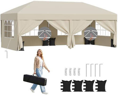 TRIUMPHKEY Pavillon 3x6m Wasserdicht Stabil Winterfest，Pop Up Faltpavillon mit 6 Seitenteilen und 4 Sandsäcke， Faltbar Partyzelt Gartenzelt Gartenpavillon für Camping Party，Garten，Beige