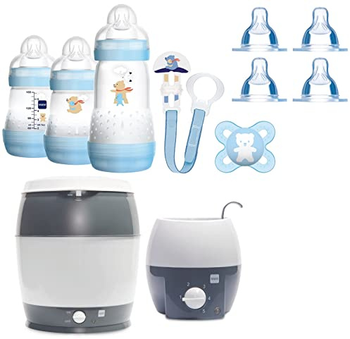 MAM Set 3 - Startset - Flaschen Sauger Sterilisator Flaschen- & Babykoster - Blau + gratis Geschenk