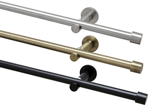 Garduna 200cm Gardinenstange Ø 16mm Cap modern, 1-lauf, # edelstahl-optik # / messing-antik/schwarz (ohne Ringe)