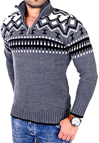 Reslad Herren Strickpullover Crewneck Zipper Winterpullover für Männer Norweger Pullover RS-3110