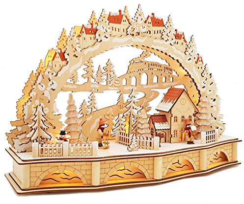Wichtelstube-Kollektion LED Schwibbogen mit Sockel Weihnachtsdorf Schwippbogen mit Erhöhung Lichterbogen Weihnachtsdeko Fenster Holzkunst, Batteriebetrieben mit Timer