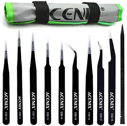 ACENIX 10Pcs Professional ESD Anti-Static Stainless Steel Tweezers Tools Sets with Black Nylon Spudger Curved Tip for Electronics Jewelry Work Hobbies