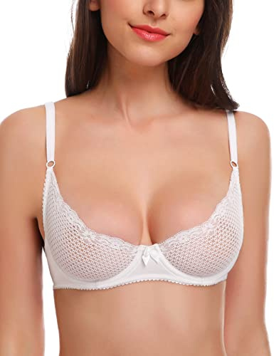 WingsLove Sexy Bra Sheer Wired See Through Soft 1/2 Half Demi Cup Unlined Bralette Lace Mesh (White 34B)