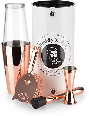 Buddy´s Bar – „Boston Bar-Set“, 700 ml, Boston Cocktail-Shaker, Barmaß, Stößel, Barsieb, lebensmittelecht, Bar-Set inklusive Geschenkbox, Kupfer poliert