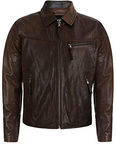 Infinity Leather Giacca Marrone Harrington da Uomo con Colletto Classico in Vera Pelle di Mucca Morbida L
