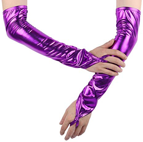 Agoky Damen Metallic Fingerlose Handschuhe Fischschuppen Print Armstulpen Meerjungfrau Kostüm Zubehör Party Gogo Tanz Outfit Clubwear Lila Lederoptik One Size