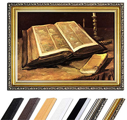 Bild mit Rahmen - Vincent van Gogh Stillleben mit Bibel 90x70 cm - Gerahmtes Leinwandbild Alte Meister - Antiker Rahmen Gold Barock, Klassisch