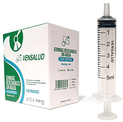 VENSALUD | Seringues jetables |Sans Aiguille et Sans Latex| Luer Slip | Cône central | Seringue stérile pour aliments, animaux de compagnie, Laboratoires, Vétérinaire | Mesure précise | 100 pcs. | 5ml