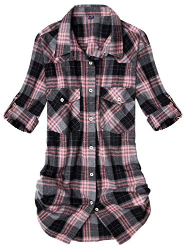Alimens & Gentle Women's Flannel Plaid Shirt Long Sleeve Roll Up Button Down Casual Shirts