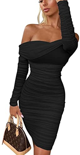 GOKATOSAU Women's Sexy Elegant Ruffle Long Sleeve Off Shoulder Ruched Party Mini Dress, Black, Medium