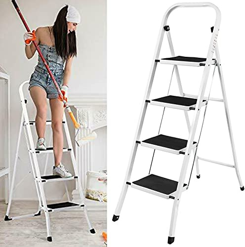 4 Step Steel Ladder, Portable Foldable 4 Step Steel Ladder Non Slip Tread Stepladder Safety Folding Heavy Duty Step Stool, Easy to Store, ideal for Home/Kitchen/Garage 150KG Max Capacity