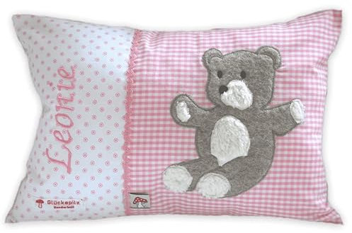 Glückspilz Namenskissen personalisiert, Babykissen mit Namen Bestickt, Teddybär, Rosa, 40 x 60 cm