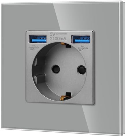 JIMEIDA Einzelsteckdose mit USB in Grau, 16Amp Glas Schuko Steckdosen mit Schnelles Laden USB Anschluss Max.2.1A, Unterputz Schutzkontakt Wandsteckdose-86mm, 250V, 1 Fach