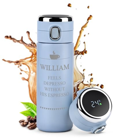 Maverton Engraved Blue Travel Mug for Husband - Reusable Coffee Cup for Birthday - Removable Tea Infuser - Travel Mug with Temperature Display - Personalised Mug for him - Espresso