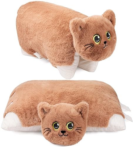 BRUBAKER Almohada Peluche Gato - 2 en 1 Animal de Peluche y Almohada de Peluche - 40 x 30 cm Gato de Peluche - Cojín Infantil de Peluche Plegable con Velcro - Cojín Animal de Peluche Gato - Marrón