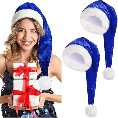 RoadLoo Weihnachtsmütze, 2 Stück Lang Weihnachtsmütze Nikolausmütze Weihnachtshut Plüsche Weihnachtsmann Mütze Santa Weihnachtsmütze für Herren/Damen für Neujahr Festliche Feiertage Party (Blau)
