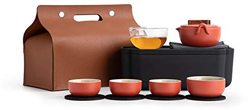 HWSY Set da tè Portatile da Viaggio con Scatola portaoggetti e bustina di tè Servizio da tè Cinese in Porcellana Rossa 1 teiera 4 Tazze da tè e 1 teiera in Vetro Gongdao Cup Interesting