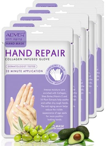 P-Beauty - Mascarilla de mano (5 pares, lavanda, guantes hidratantes para manos, colágeno y vitaminas, para manos agrietadas, secas y ásperas, crema de manos y crema nutritiva, antienvejecimiento)