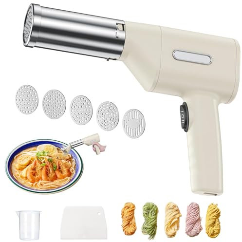 Macchina per Pasta Elettrica Senza Fili, Macchina per Tagliatelle Portatile Automatica con 5 Stampi per Tagliatelle, Macchina per Spaghetti Ramen Multifunzione Domestica, Pressa per Tagliatelle
