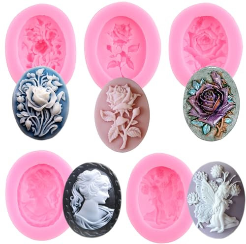 RFGHAC Cameo Rose Blume Silikonformen Engel Fee Fondant Form Lady Avatar Schokoladenform für Süßigkeiten Kuchen Dekorieren Cupcake Topper Gummipaste Polymer Clay 5 Stück