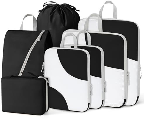 Joyoldelf Packing Cubes for Suitcases - 7 PCS Compression Packing Cubes Travel Luggage Organizers Bag - Waterproof Travel Suitcase Organiser Bags for Clothes Shoes Cosmetics Toiletries Storage Bags