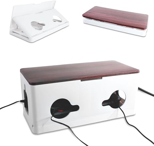 FISHTEC Boîte Cache Multiprise Wood - Organisateur de Câbles et Prises - Design Blanc et Effet Bois - Pour Multiprise 5 à 6 Fiches - 34 x 15 x 14,3 cm