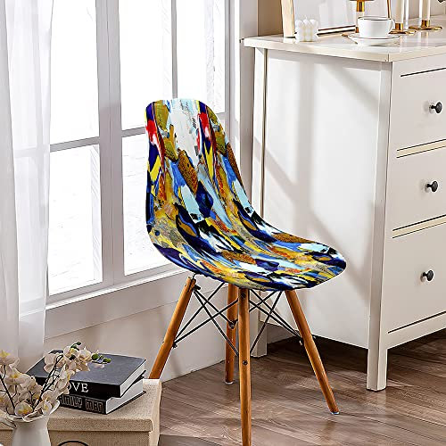 Hiseng Stuhlhussen, Schalenstuhl Bezug,Stretch Stuhlbezug für Skandinavische Stühle, 3D Ölgemälde Druck Hussen Stühle, Stuhlbezüge für, Restaurant, Hochzeit, Partys Deko (Blau,4 Stücke)