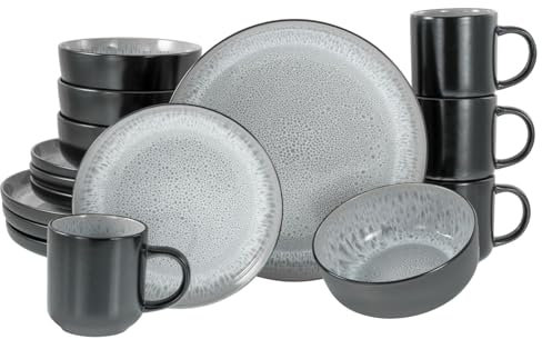 CreaTable, 19928, Série Nordic Fjord Frost, service de vaisselle 16 pièces, service à combiner en grès, compatible lave-vaisselle et micro-ondes, production de qualité.