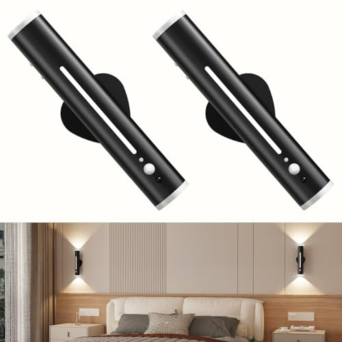 bravzurg Battery Operated Wall Lights 2 Pack, Motion Sensor Rechargeable Wall Sconces Lights Indoor, Magnetic Wireless Rotatable Metal, Stick on LED Night Lamp for Outdoor Bedroom Bathroom Porch