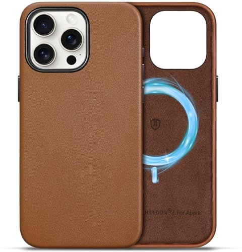 SHIELDON Lederhülle für iPhone 15 Pro Max 6,7 5G 2023, Sattelbraun | Echtleder, Kabelloses Laden, Kratzfest, Einfach Aussehen, Anti-Fingerabdruck, Dünn Schutzhülle, Handyhülle, Lederhülle