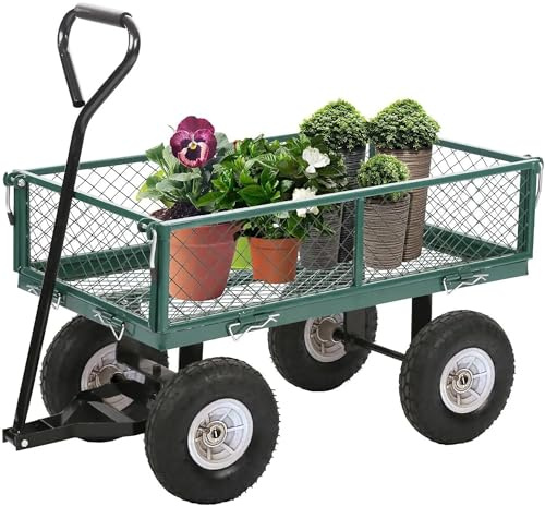 JupiterJX Heavy Duty Utility Garden Cart, 400Kg Weight Capacity, Foldable Wagon Cart Trolley With Removeable Mesh Sides 10 inch Pneumatic Tires Outdoor Cart for Gardening, Farm, Yard Green (Green)